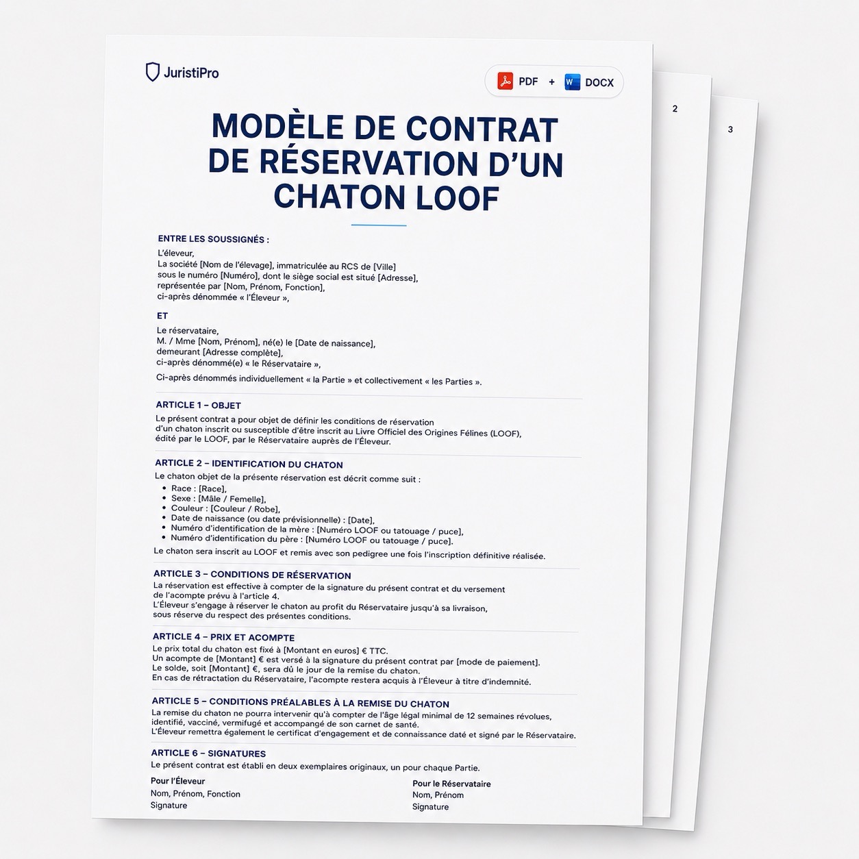 modèle de contrat de réservation d’un chaton LOOF personnalisé