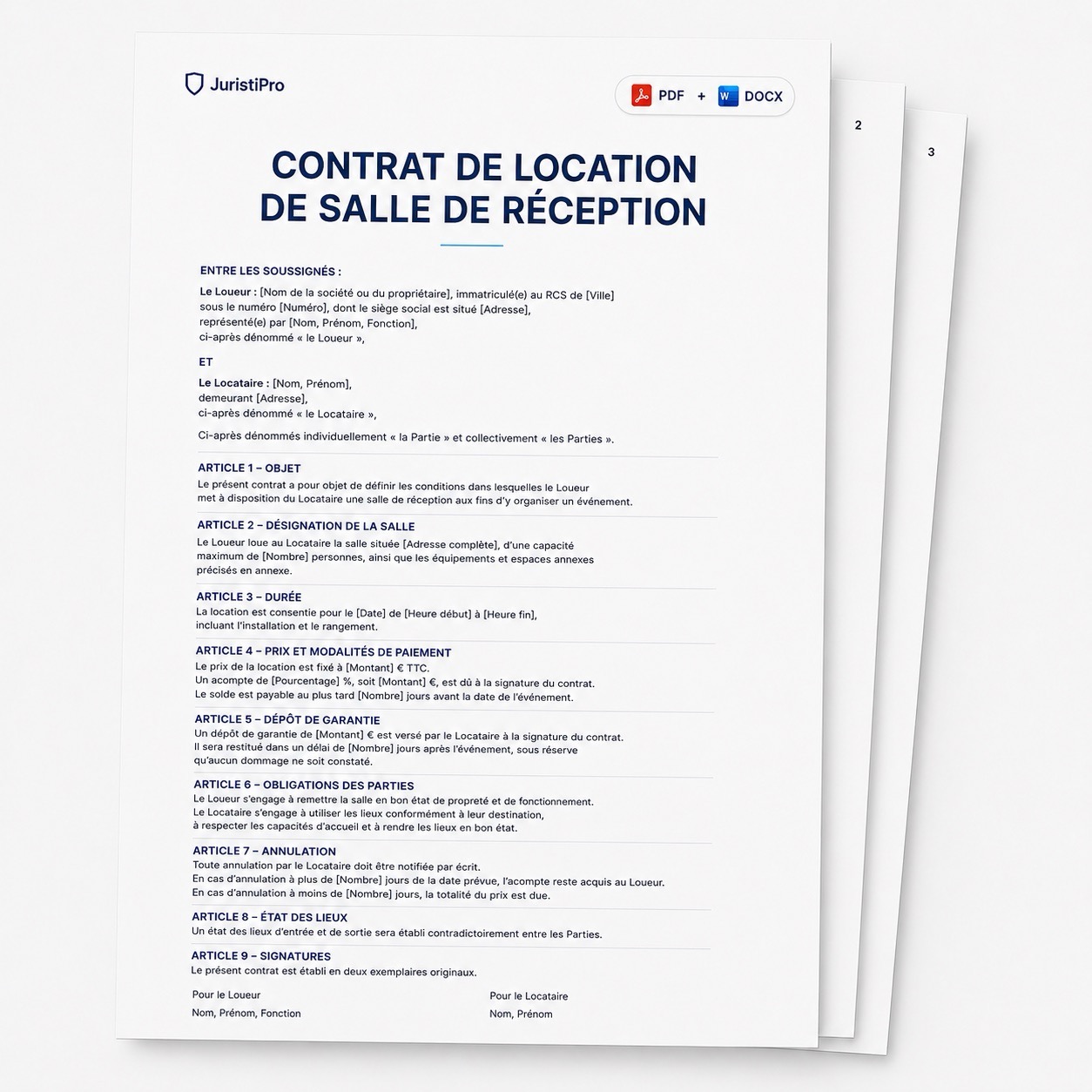 Contrat de location de salle de réception