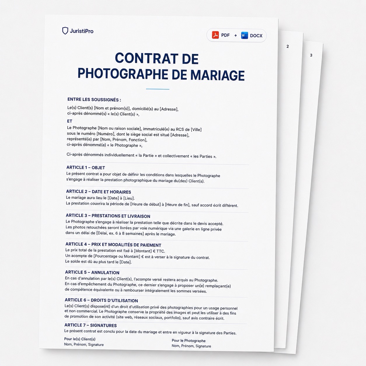 modèle de contrat de photographe de mariage