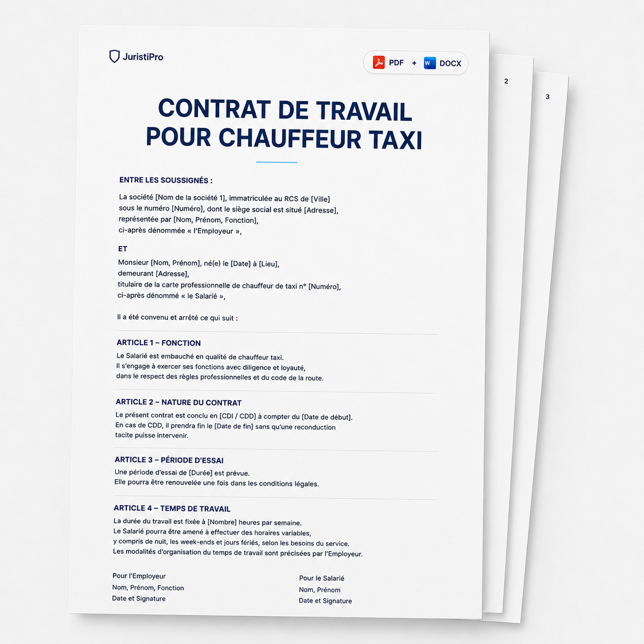 Aperçu du modèle Contrat pour chauffeur taxi
