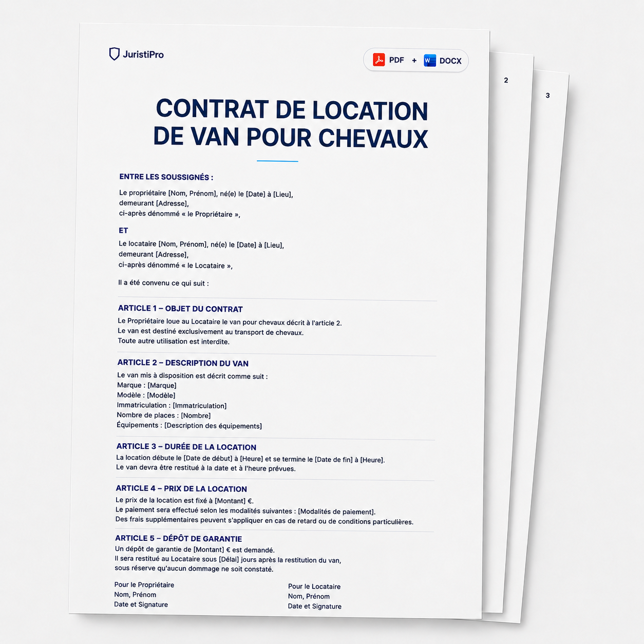 Aperçu du modèle Modèle de contrat de location d’un van chevaux