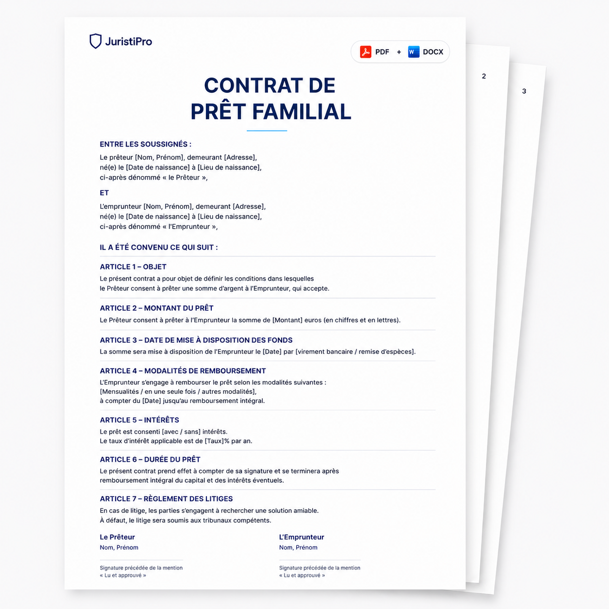 Aperçu du modèle Contrat de prêt familial