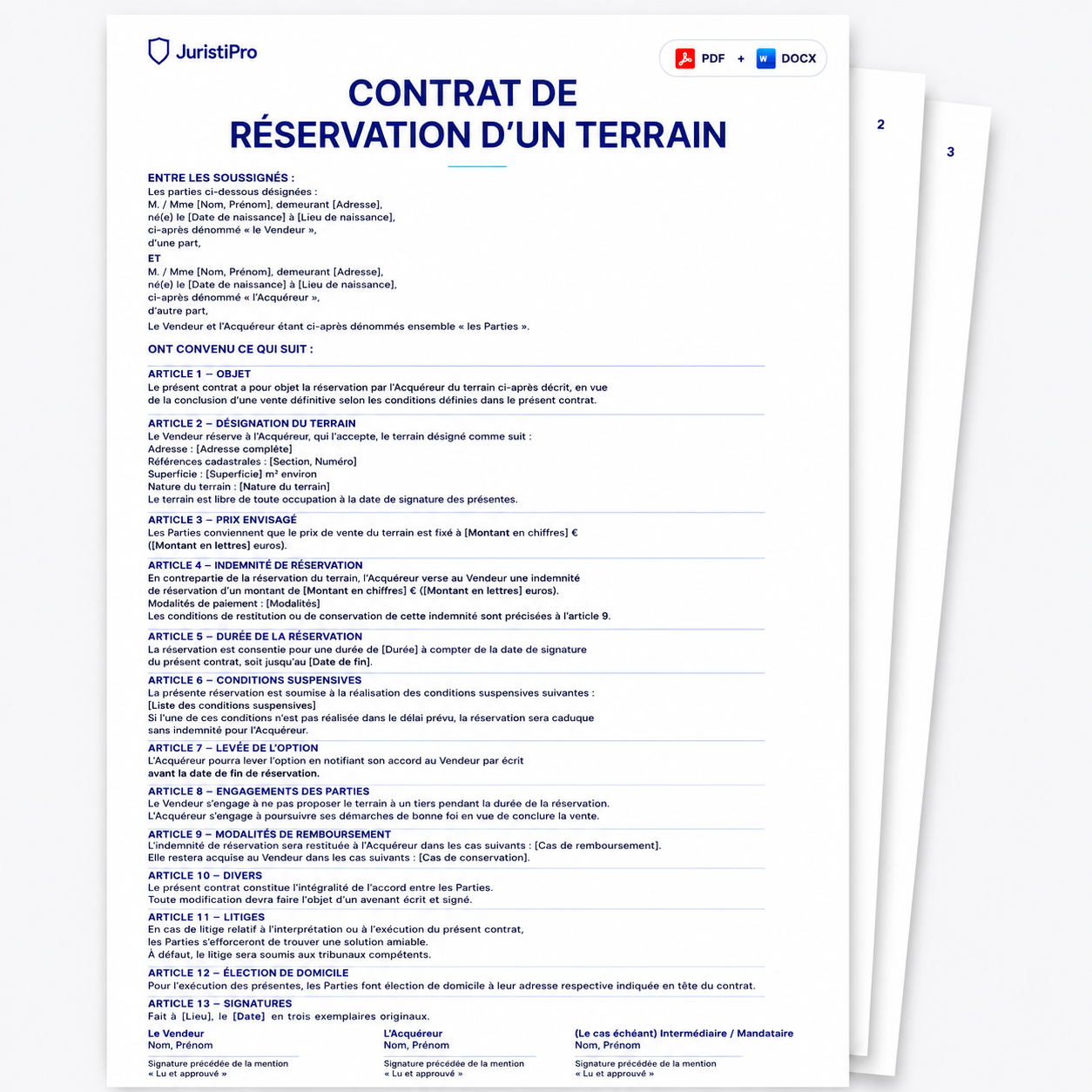 Aperçu du modèle Contrat de réservation d'un terrain