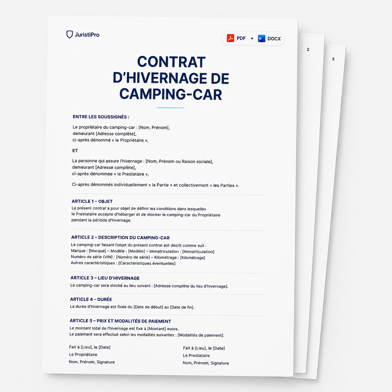 Aperçu du modèle Contrat d'hivernage de camping-car