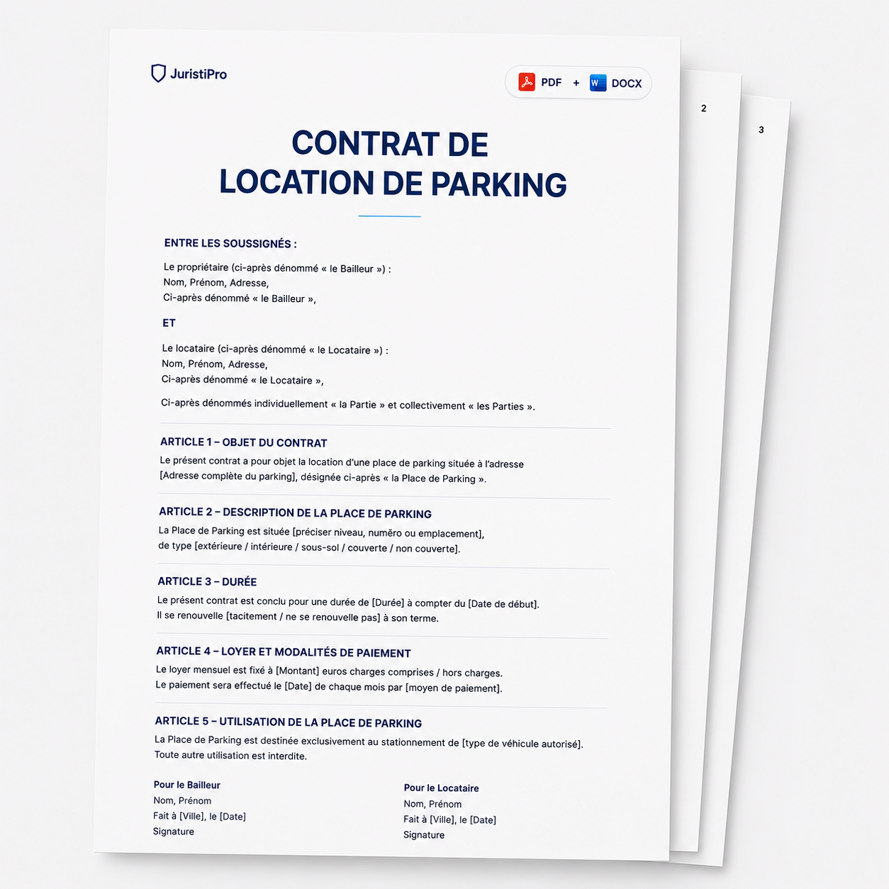 Aperçu du modèle Contrat de location de parking