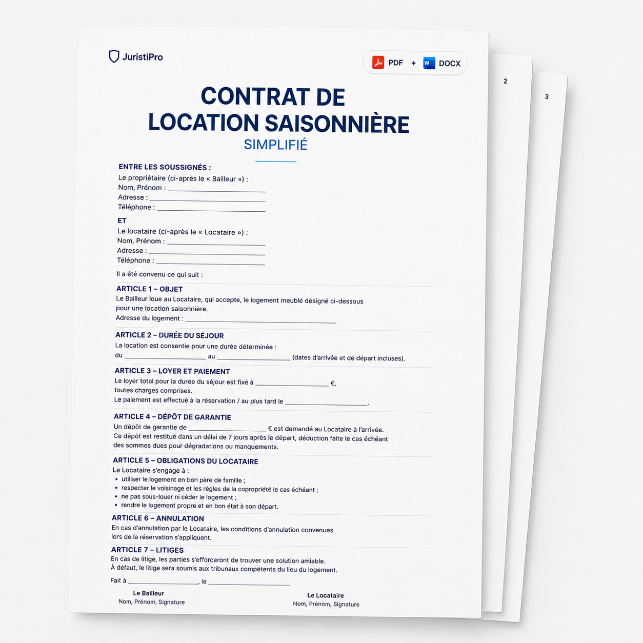 Aperçu du modèle Contrat de location saisonnière simplifié