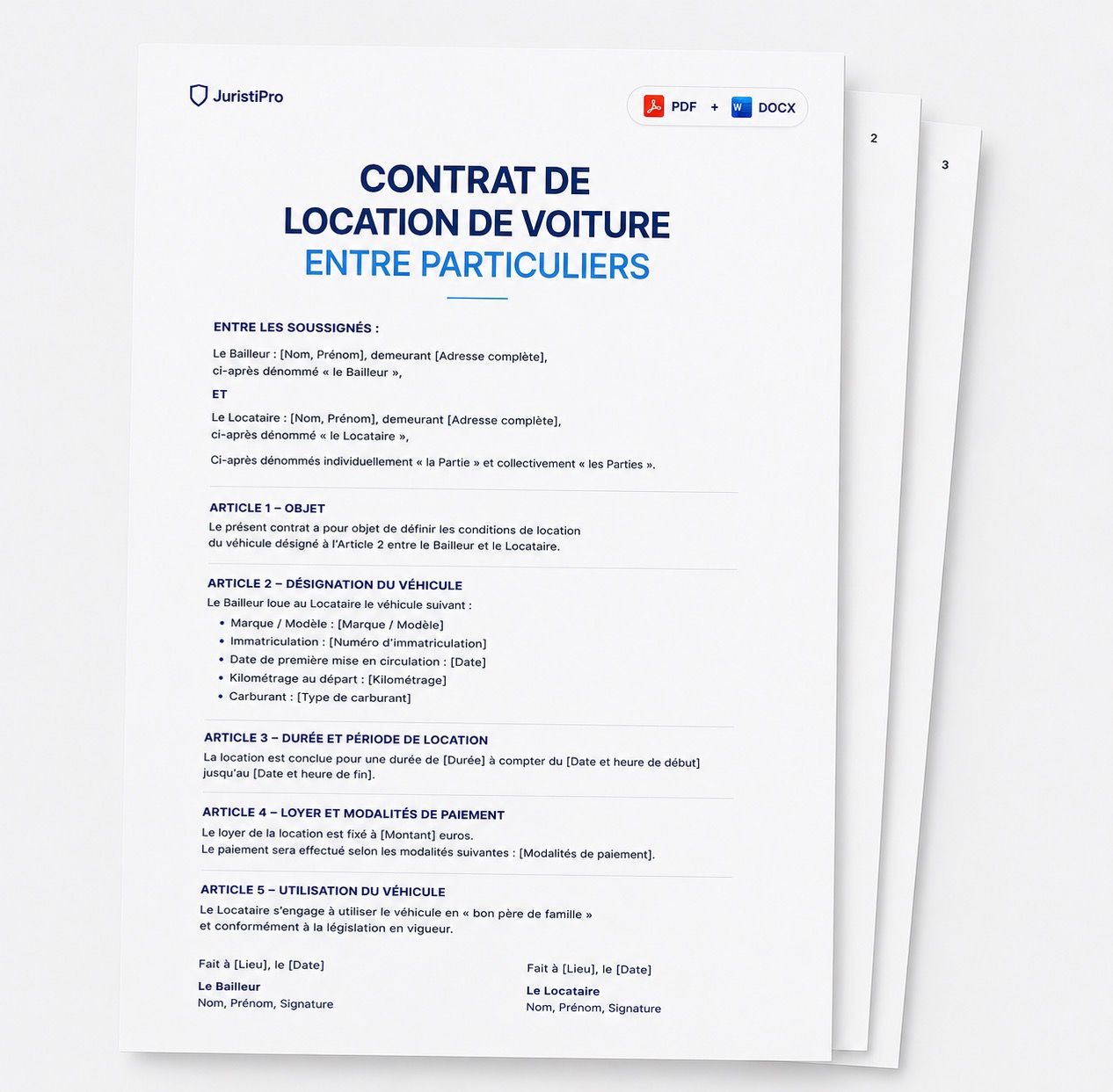 Aperçu du modèle Contrat de location de voiture entre particuliers