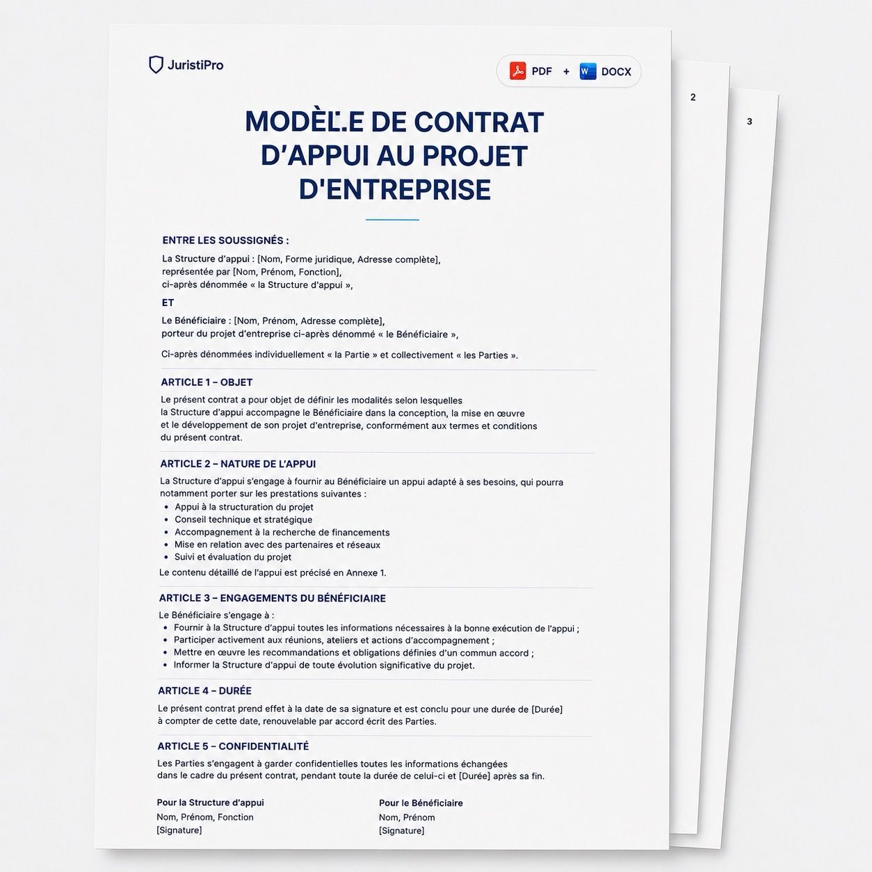 Aperçu du modèle Contrat d'appui au projet d'entreprise (CAPE)