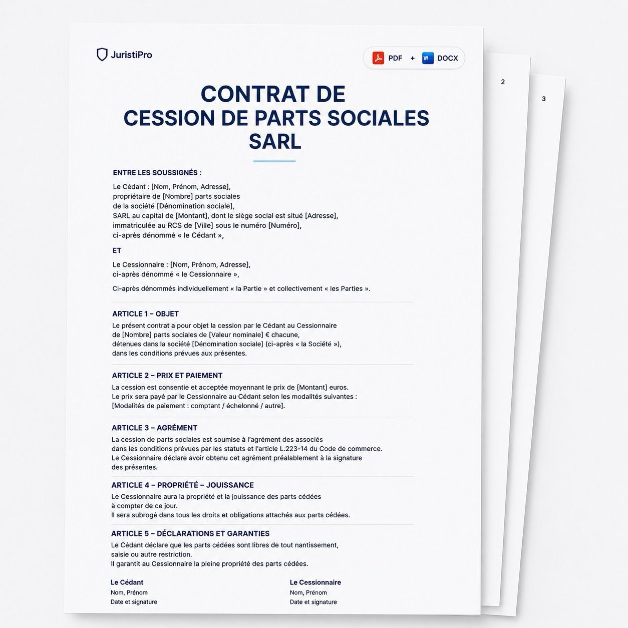 Aperçu du modèle Cession de Parts Sociales SARL