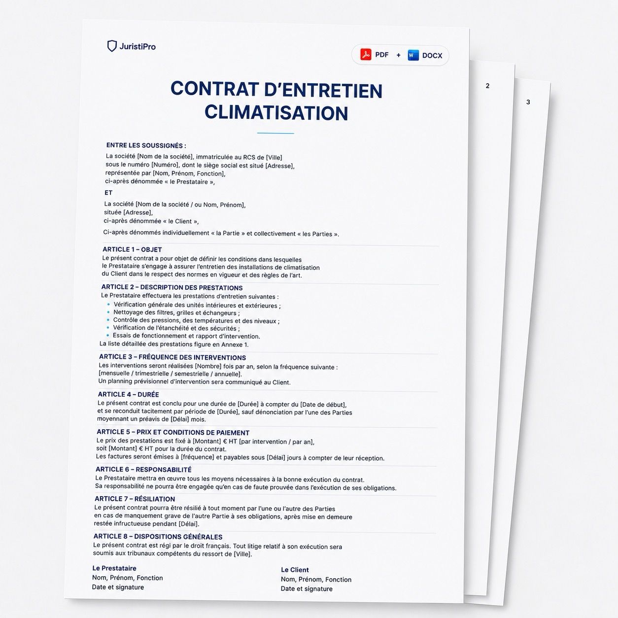 Aperçu du modèle Contrat d'entretien climatisation