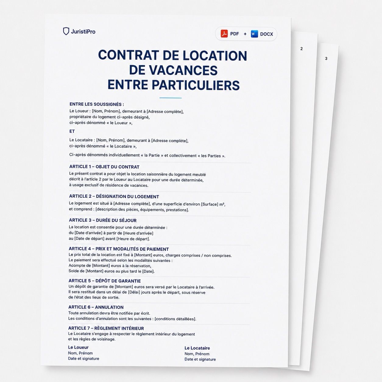 Aperçu du modèle Contrat de location de vacances entre particuliers