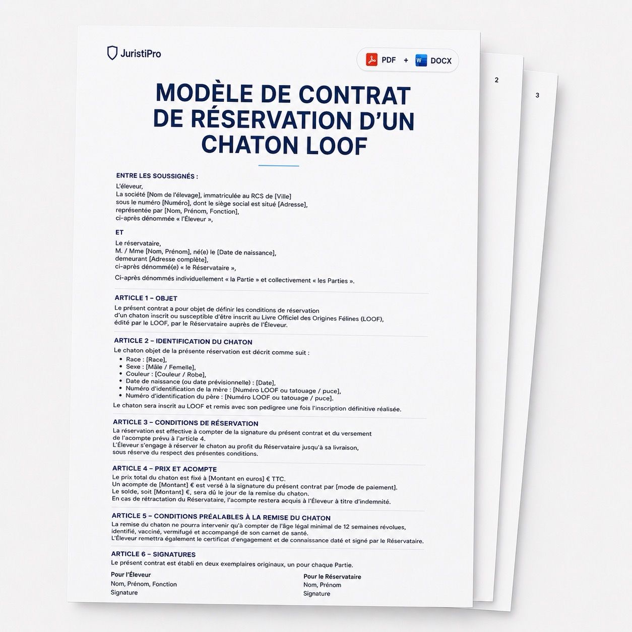 Aperçu du modèle Contrat de réservation chaton loof