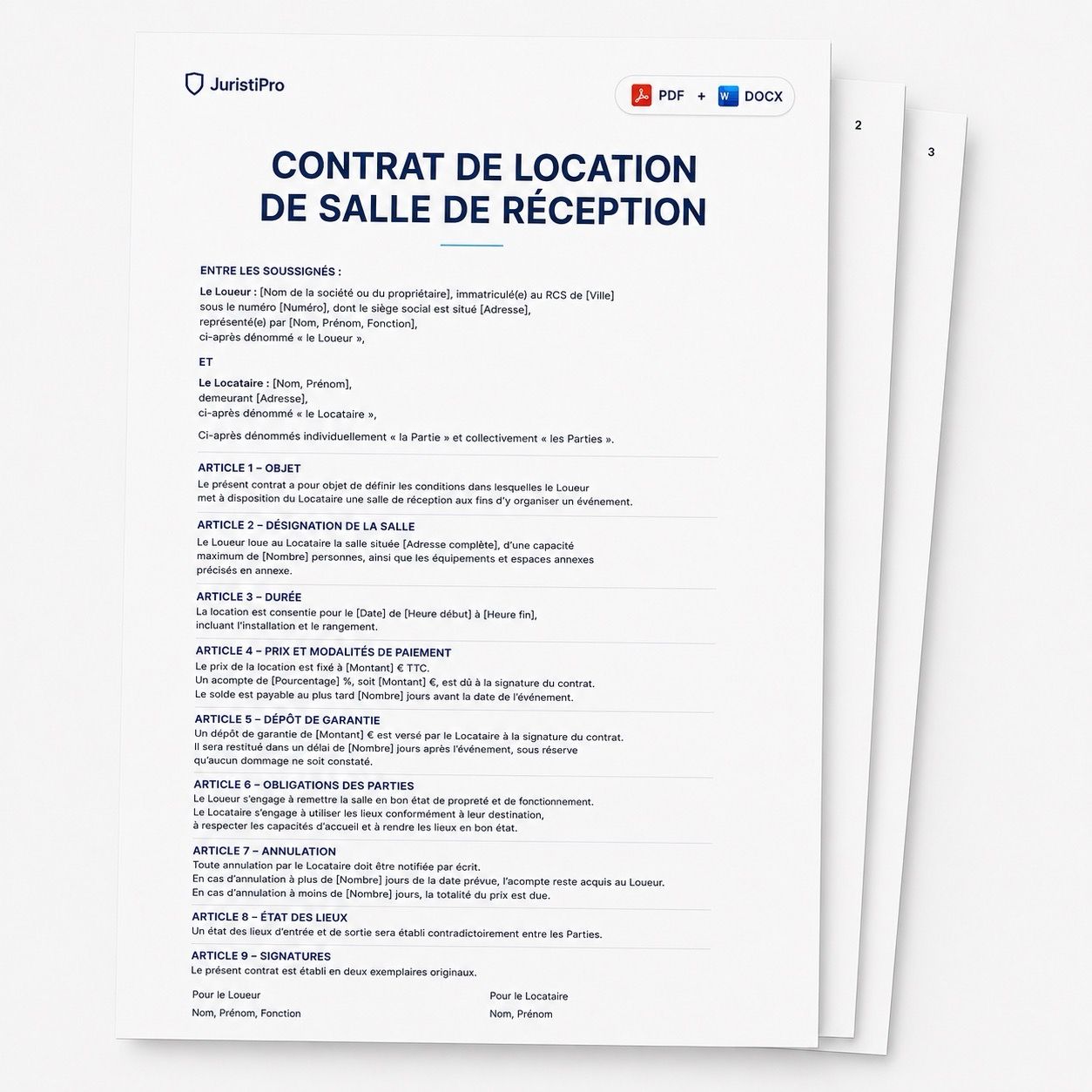 Aperçu du modèle Contrat de location de salle de réception