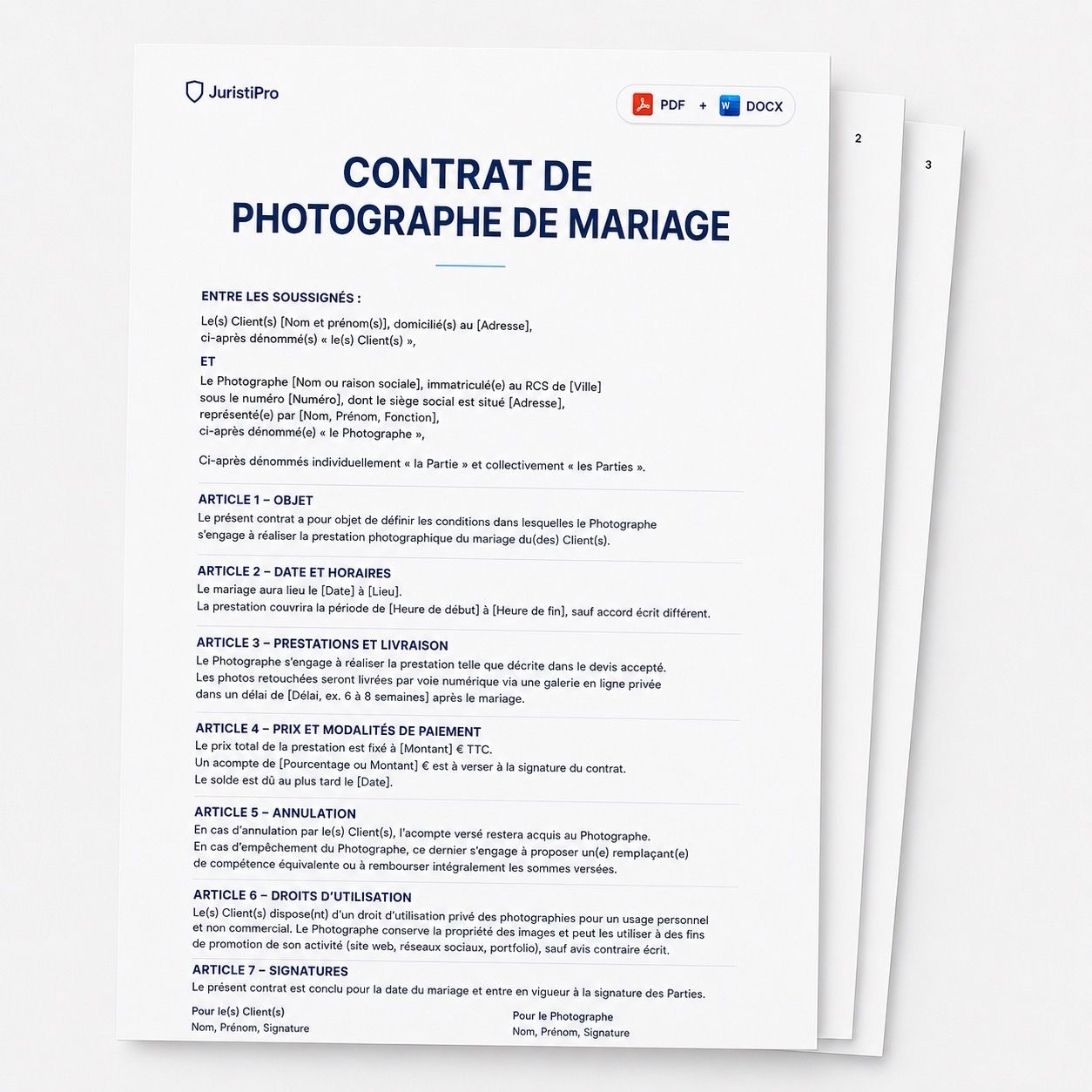 Aperçu du modèle Contrat de photographe de mariage
